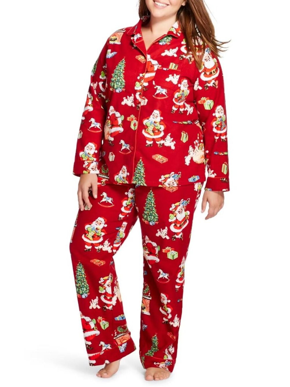 Retro Santa Christmas red flannel pajamas Nick & Nora cozy holiday lounge